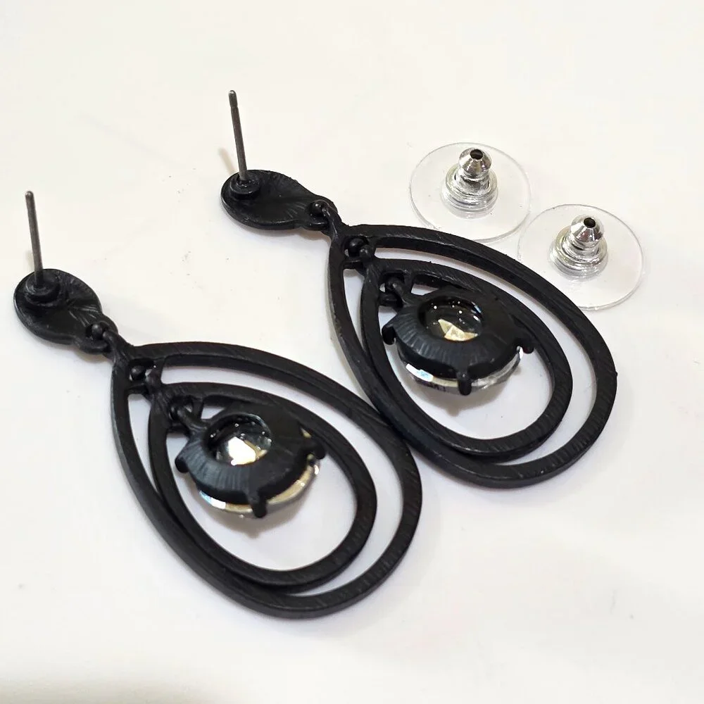 Matte Black Metal Two Teardrop Large Center Rhinestone Dangle Pierced Earrings